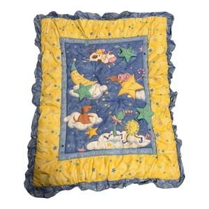Vintage Hey Diddle Diddle Nursery Rhyme Baby Blanket Ruffled Quilt 3D Stars Blue